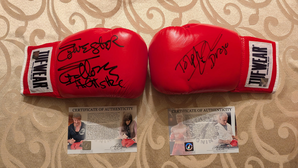 Sylvester Stallone, Dolph Lundgren, Talia Shire Multi-Signed Rocky TUF-WEAR Boxing Glove Set