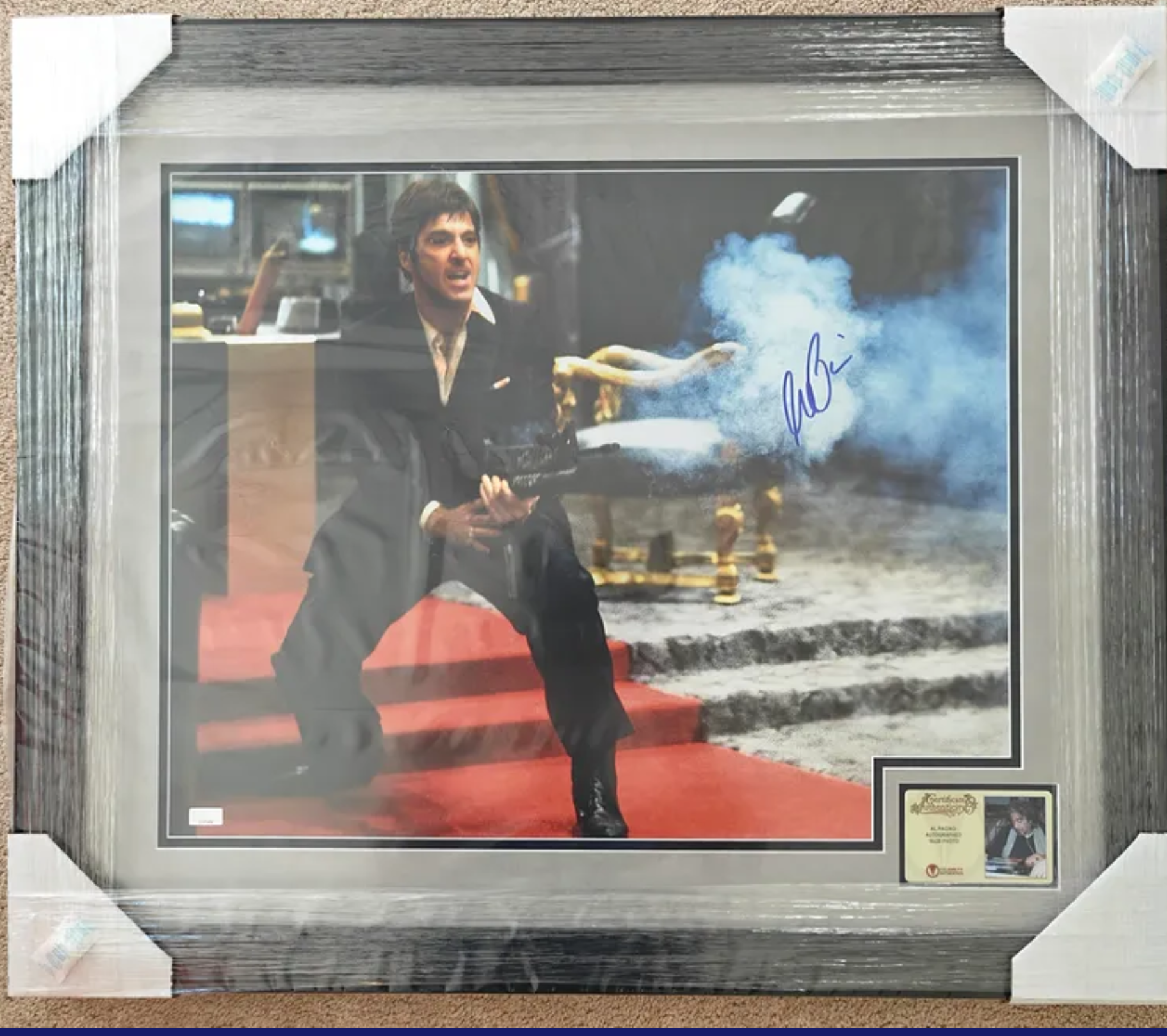 Al Pacino Signed Scarface Say Hello To My Little Friend 16x20 Photo in 27x22.5 Studio-Grade Frame