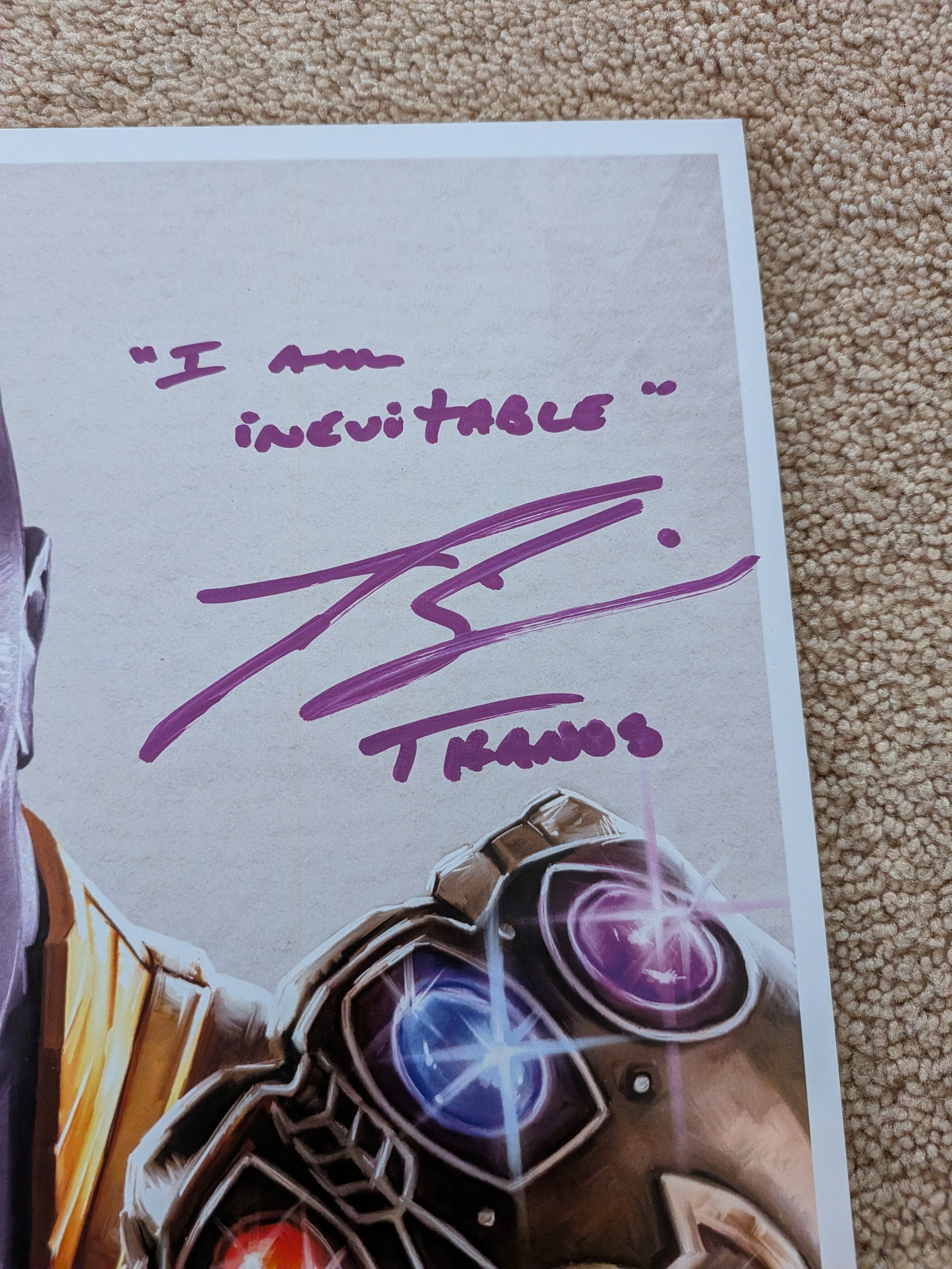 Josh Brolin Signed Thanos 13x19 Art Print by Tony Santiago – “I Am Inevitable” Quote & Character Name | JSA Authenticated Marvel Collectible