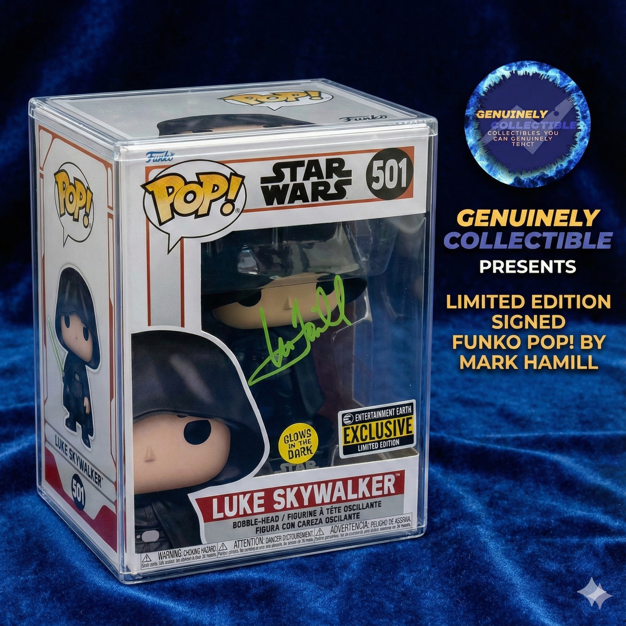 Mark Hamill Signed Luke Skywalker Funko Pop #501 – Entertainment Earth Exclusive (Glow-in-the-Dark)