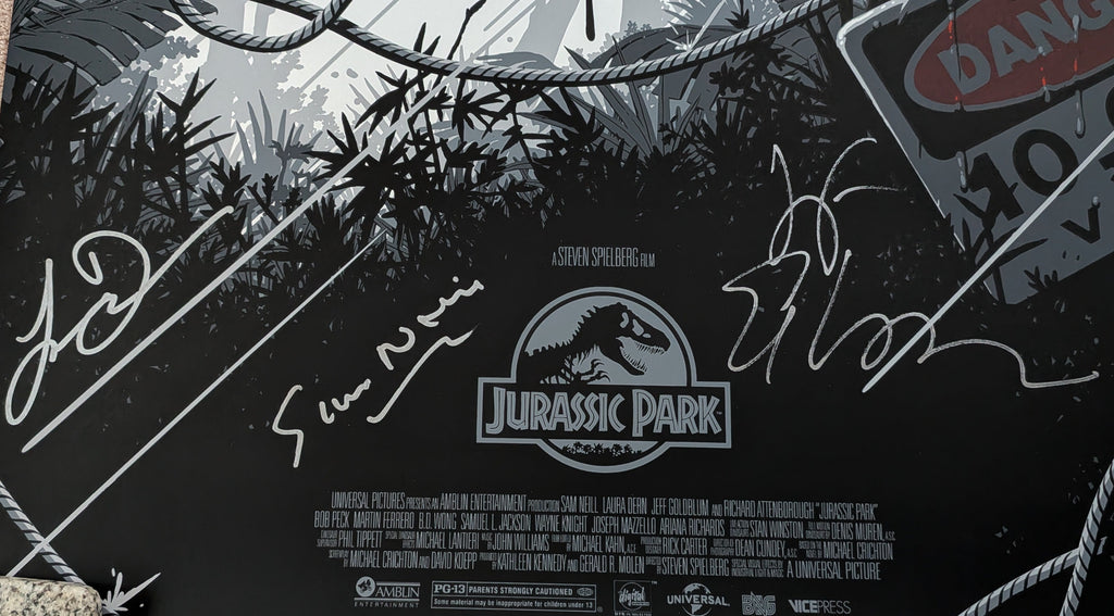 Sam Neill, Jeff Goldblum, Laura Dern Signed Jurassic Park "T-Rex doesn't want to be fed, he wants to hunt" 24x36 Gray Variant Print - Only 2 Signed!