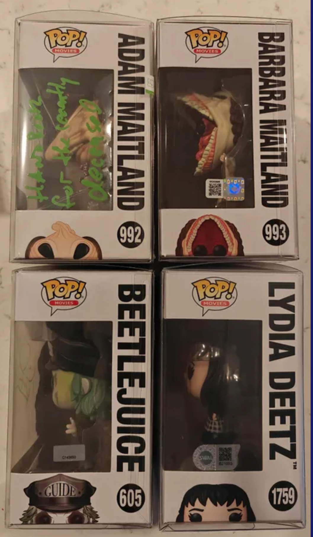 Michael Keaton, Alec Baldwin, Geena Davis, Winona Ryder 4x Signed Beetlejuice Funko Pop Set