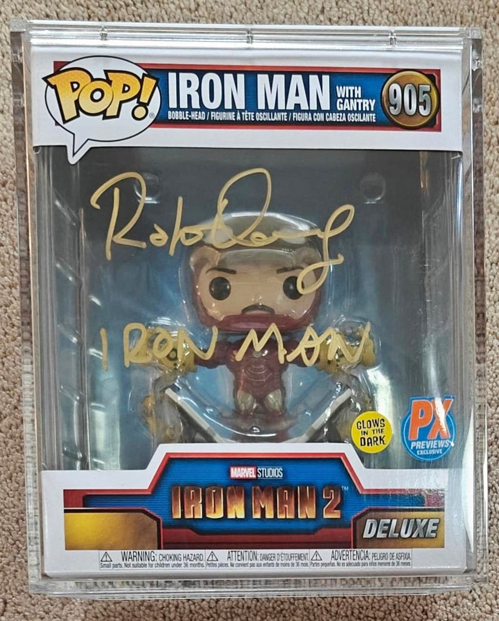 Robert Downey Jr. Signed Marvel Iron Man w. Gantry Deluxe 6in Funko Pop from Iron Man 2