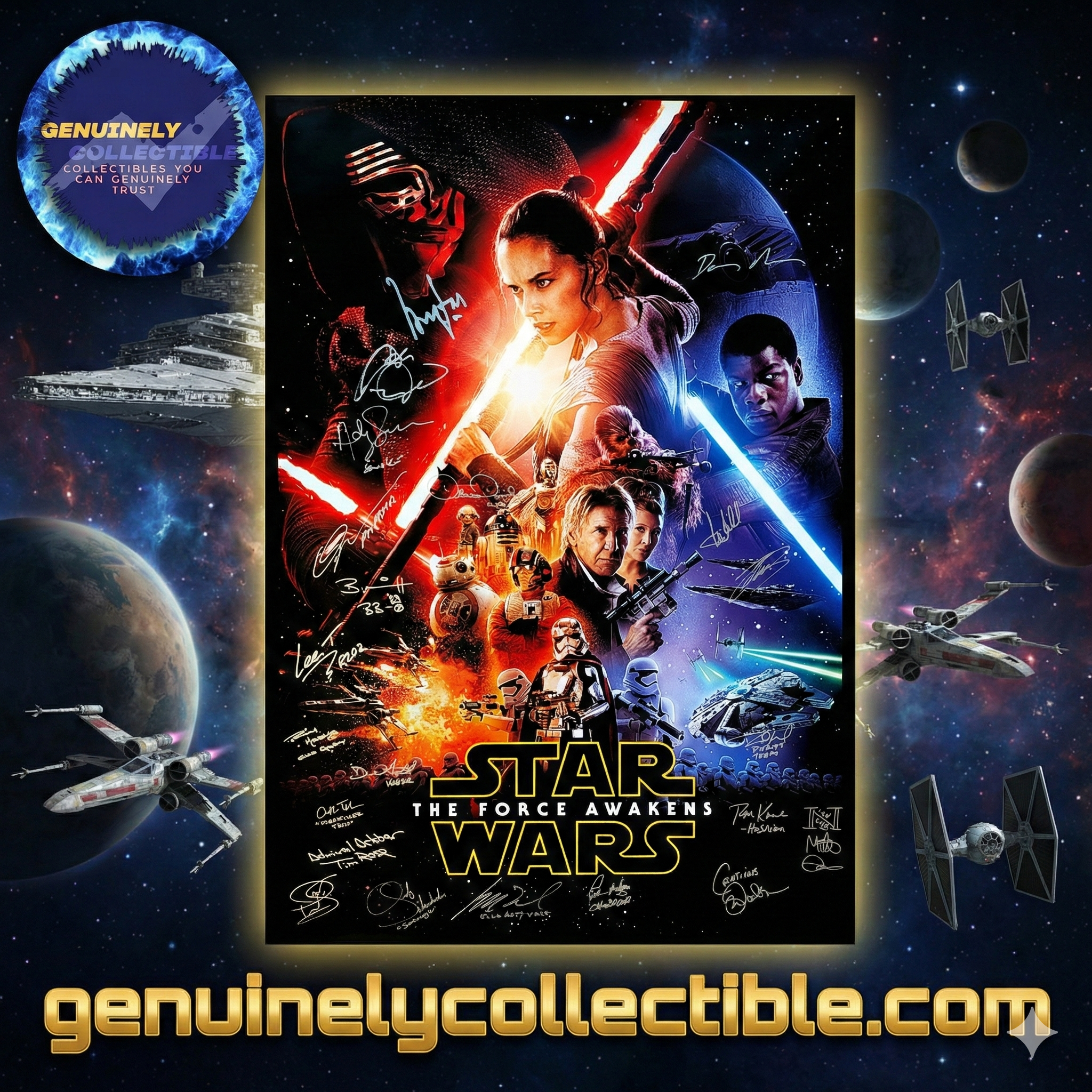 Ford, Hamill, Mayhew, Ridley, Driver, Boyega +16 Signed Star Wars The Force Awakens 27x40 Poster