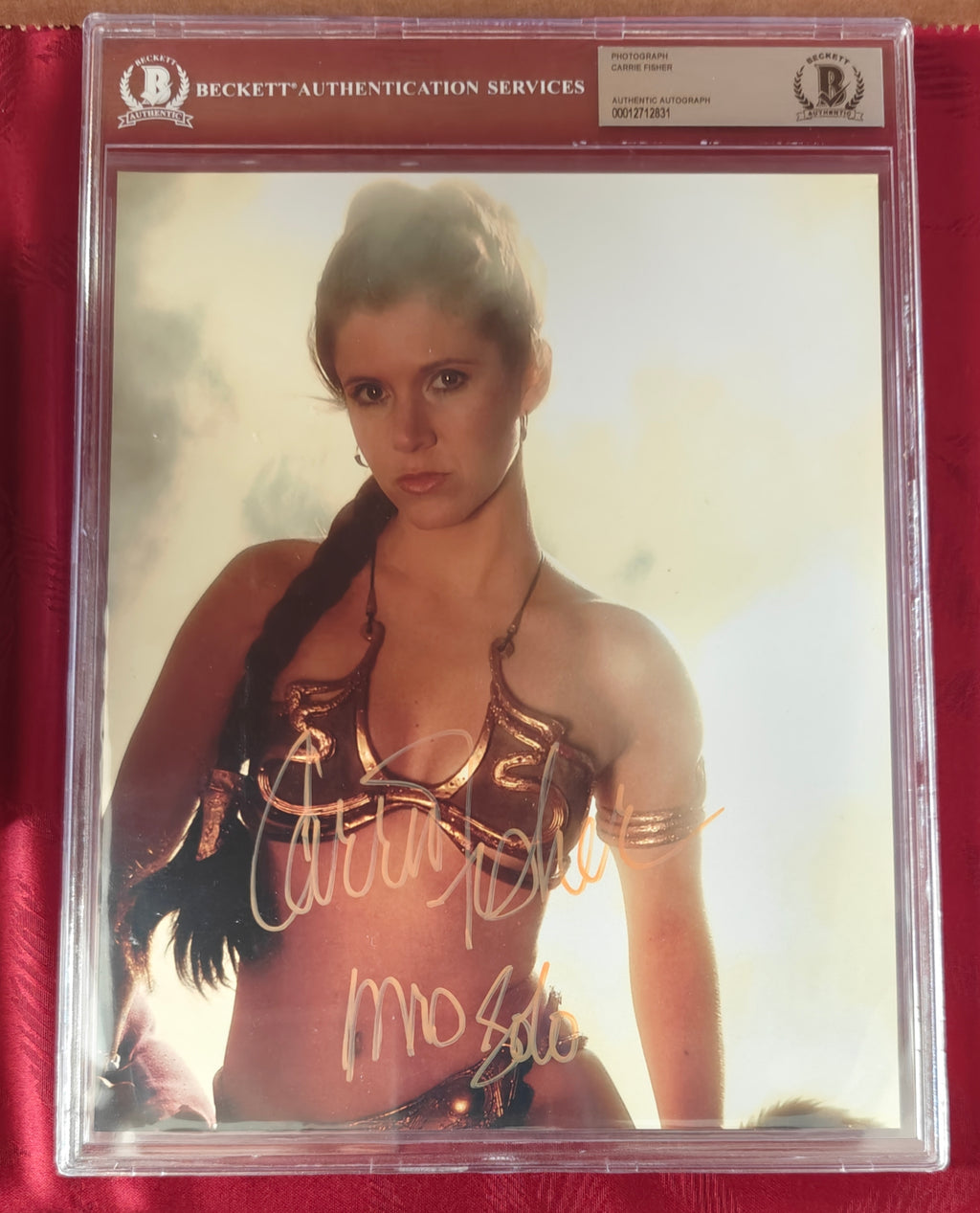 Carrie Fisher Signed w. Rare Inscription 8x10 Star Wars Slave Leia Photo - Beckett Encapsulated