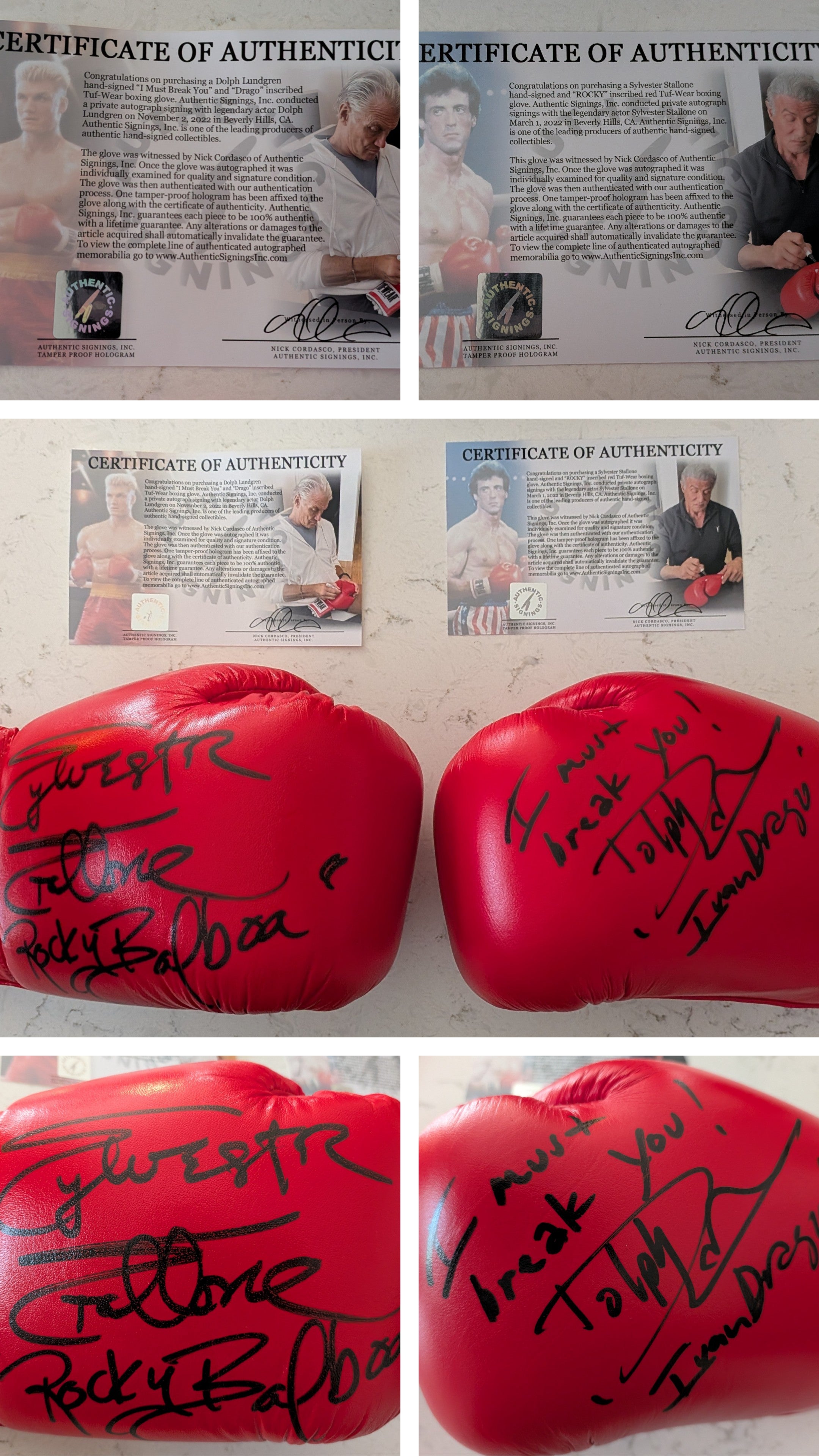 Sylvester Stallone & Dolph Lundgren Dual-Signed TUF Wear Boxing Gloves – “Rocky Balboa” & “Ivan Drago” Inscribed w/ “I Must Break You” Quote | ASI COA