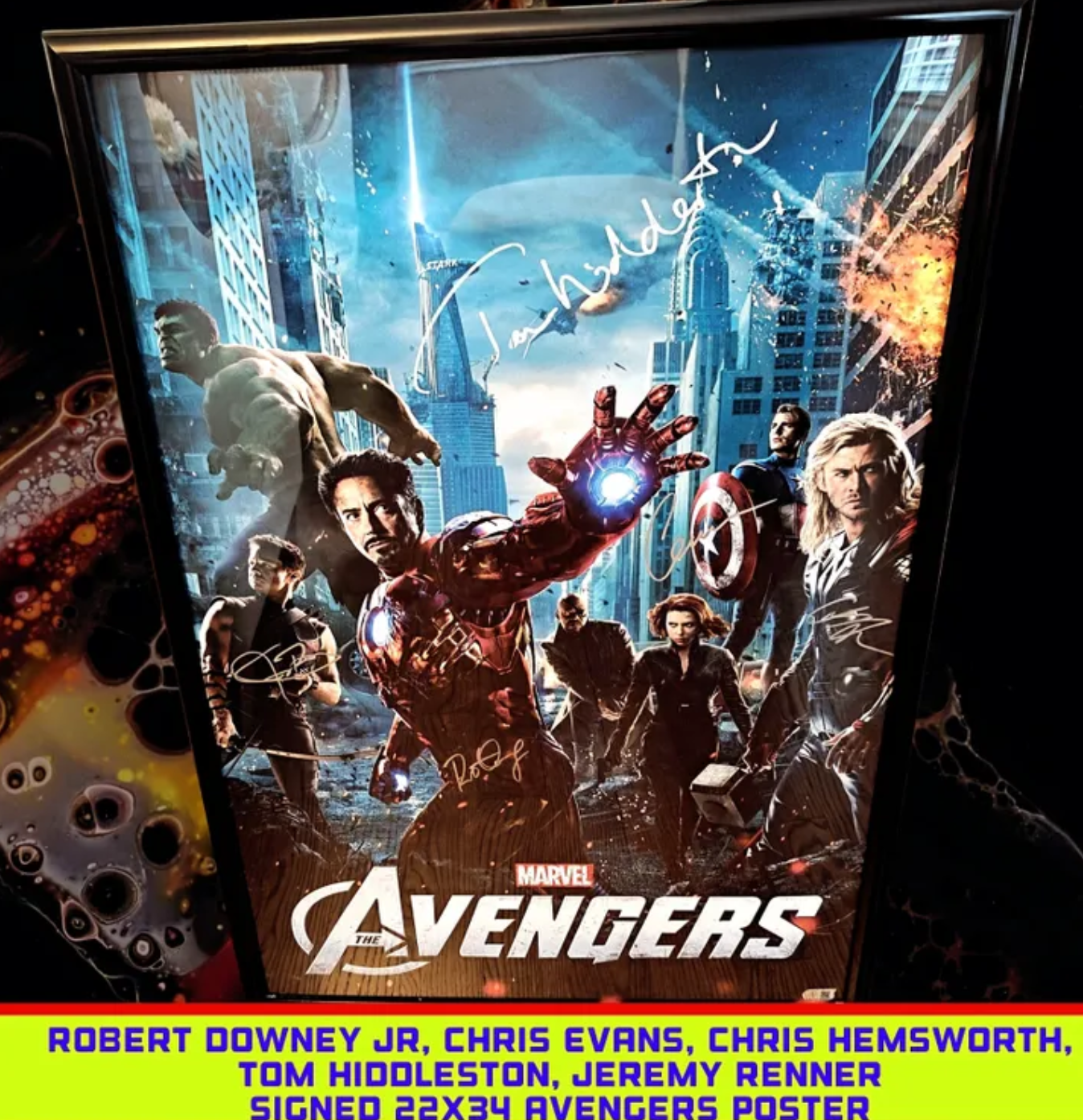 Robert Downey Jr., Evans, Hemsworth, Renner, Hiddleston Signed 22x34 Marvel Avengers Poster