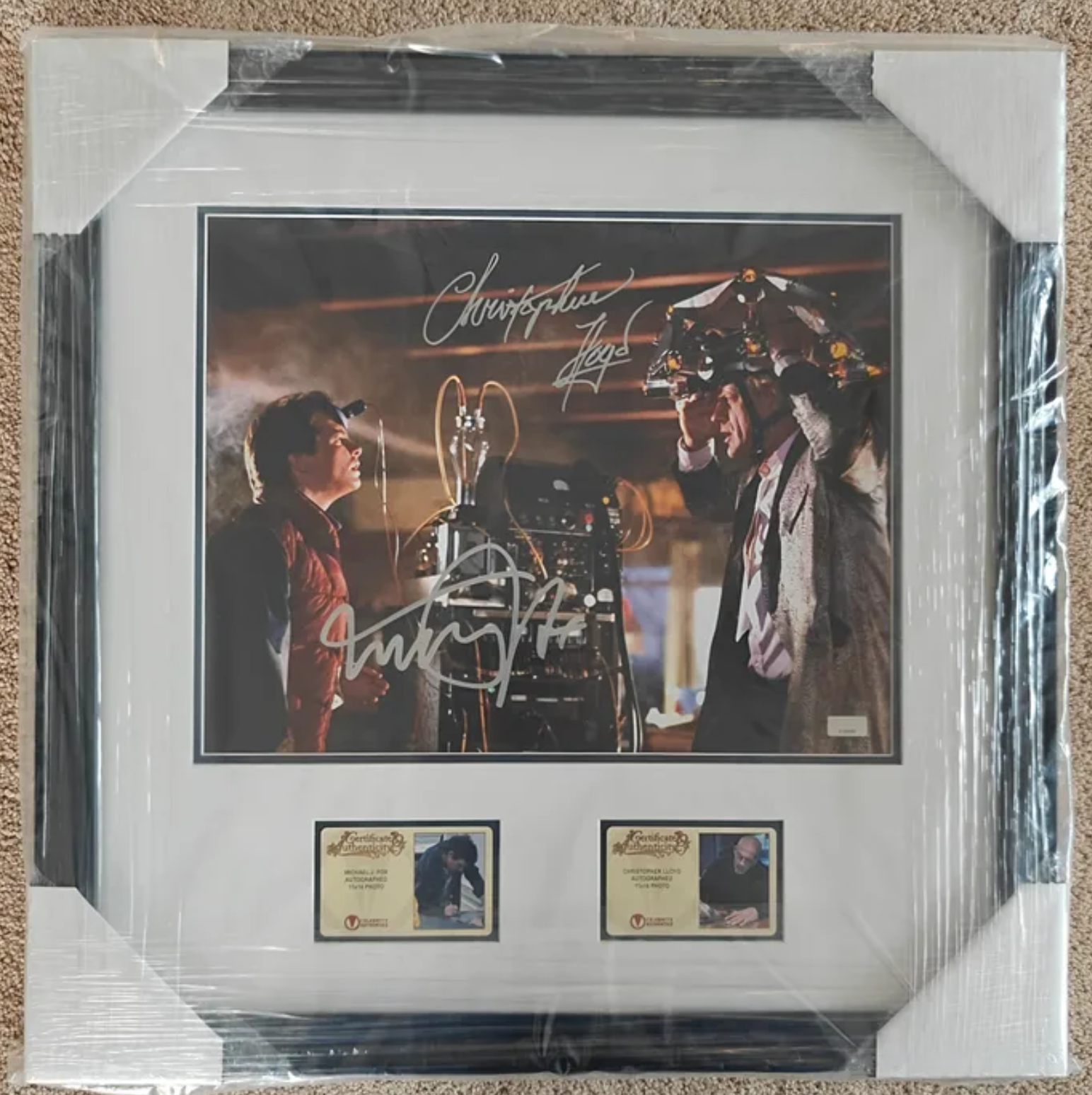 Michael J. Fox, Christopher Lloyd Autographed Back to the Future Marty McFly, Doc Brown Lab 11x14 Framed Photo