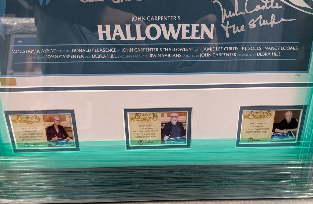 Jamie Lee Curtis, Nick Castle and John Carpenter Autographed 18x24 Halloween Silver Screen Edition Print - #5/100 Worldwide
