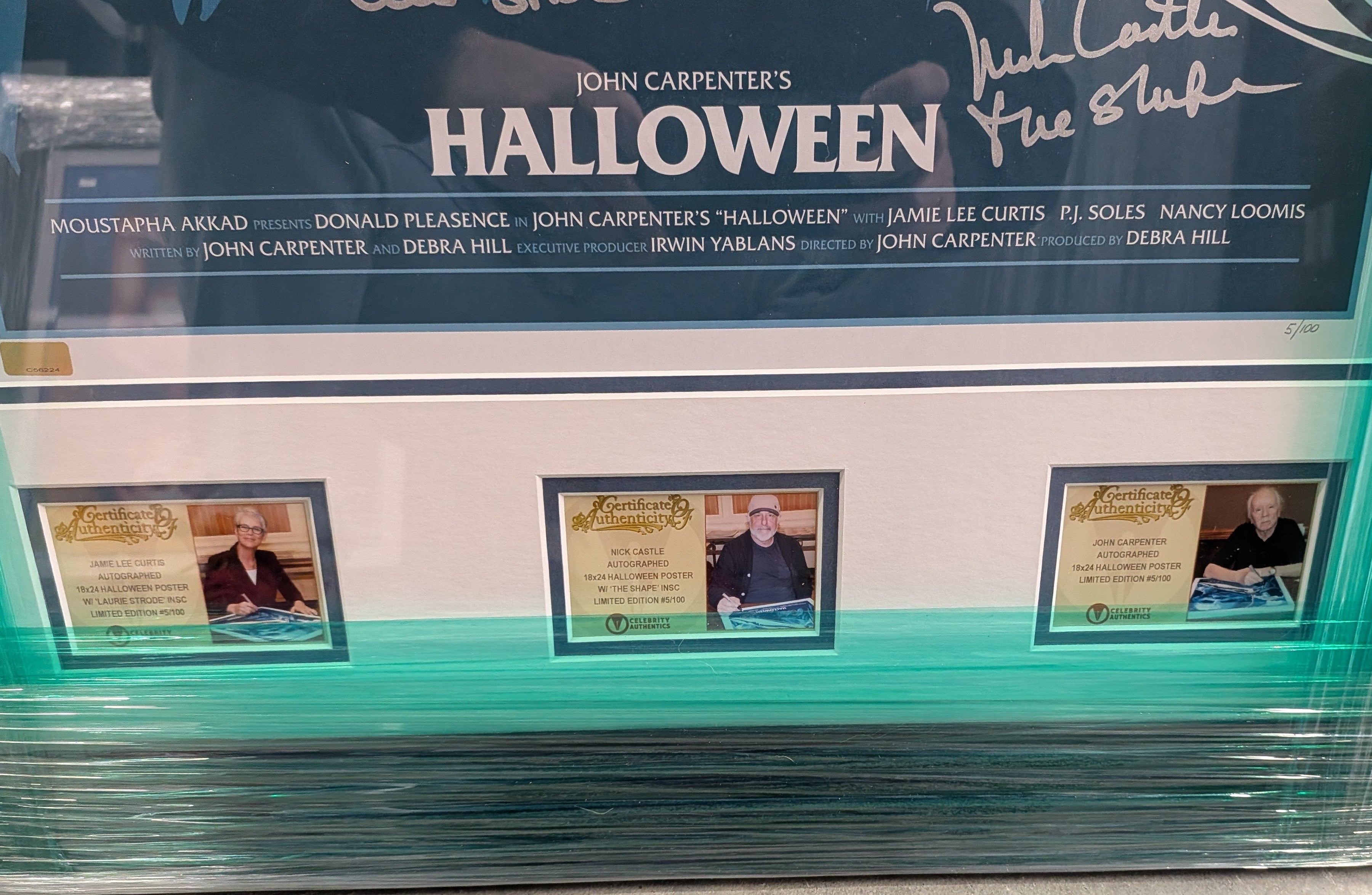 Jamie Lee Curtis, Nick Castle and John Carpenter Autographed 18x24 Halloween Silver Screen Edition Print - #5/100 Worldwide