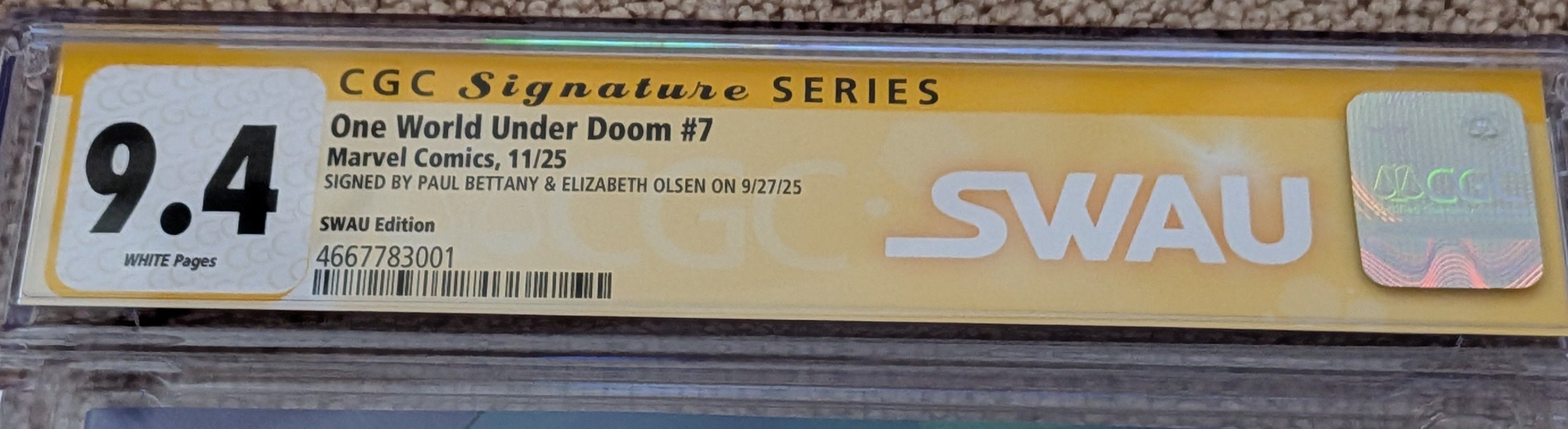 Paul Bettany & Elizabeth Olsen Signed One World Under Doom #7 — LA Comic Con SWAU Exclusive (CGC SS 9.4)