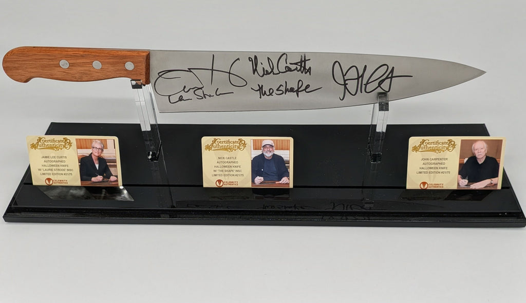 Jamie Lee Curtis, Nick Castle, and John Carpenter Signed Halloween 1:1 Knife Replica w. Display Case - #21/75 Worldwide