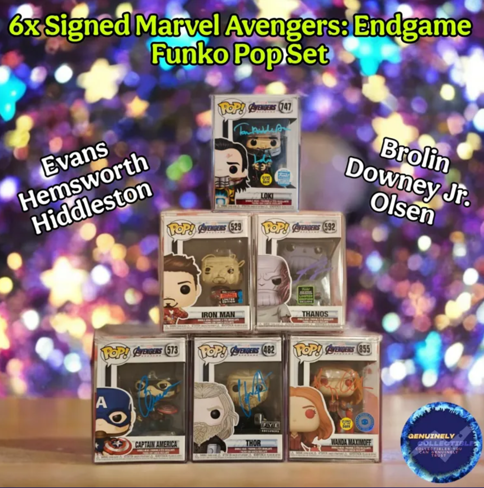 6x Downey Jr Brolin Hemsworth Evans + 2 Signed Marvel Avengers Endgame Funko Pop Set
