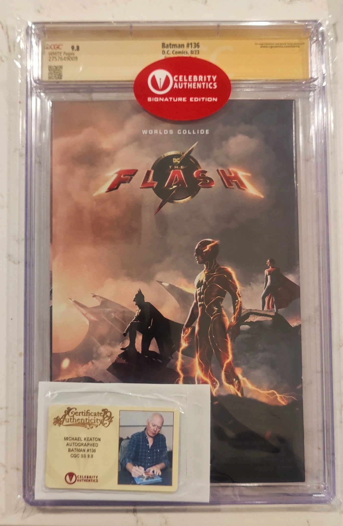 Michael Keaton, Ezra Miller, Sasha Calle Signed 2023 Batman #136 Lee Bermejo The Flash Movie Variant Cover CGC SS 9.8