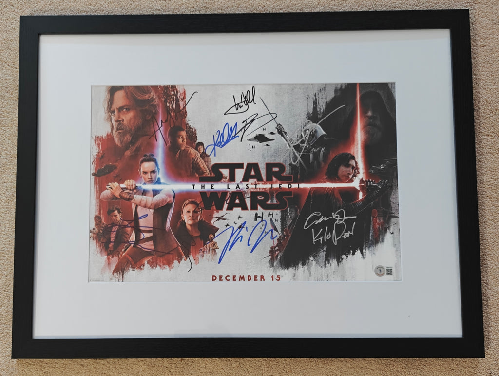 Hamill, Ridley, Driver, Isaac, +6 Signed Star Wars: The Last Jedi 12x18 Photo in 18x24 Wood Frame - Steve Grad Collection