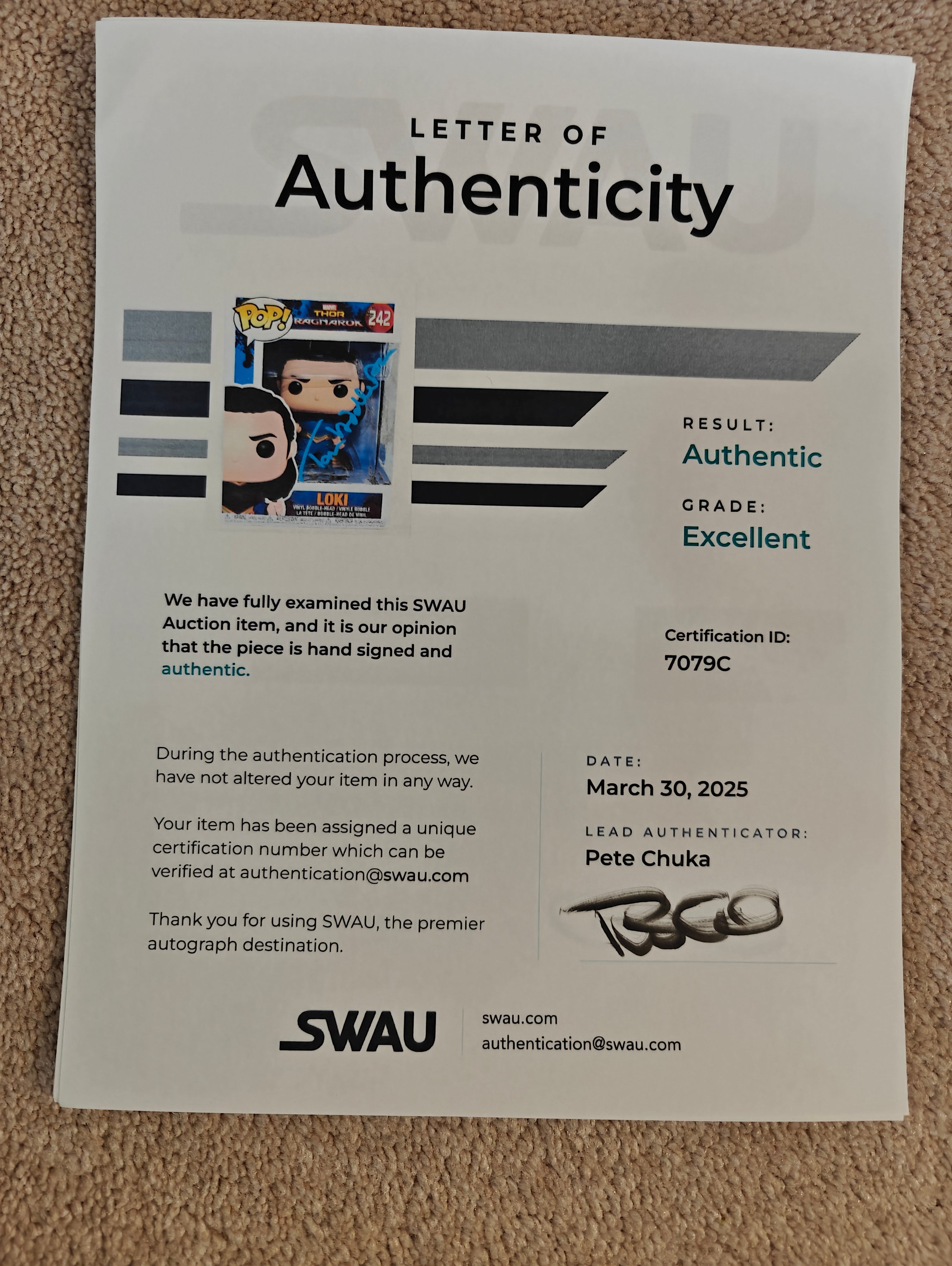 Tom Hiddleston Signed Marvel Thor Ragnarok Loki Funko Pop #242