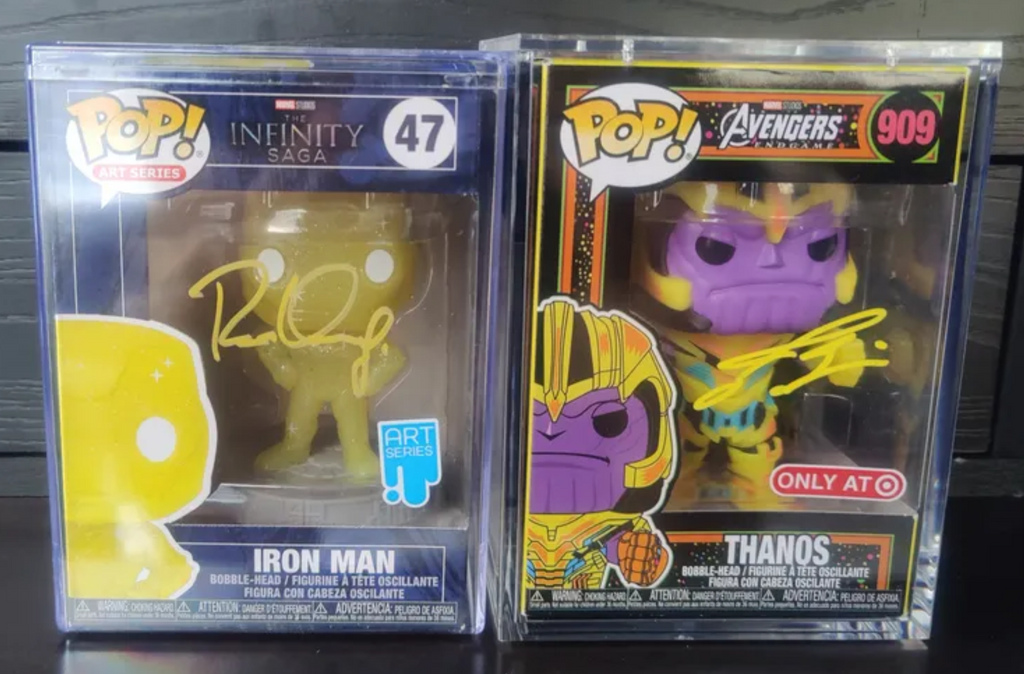 Robert Downey Jr & Josh Brolin Signed Funko Pops Iron Man #47 and Thanos #909 SWAU and Beckett Authenticated - Marvel Avengers